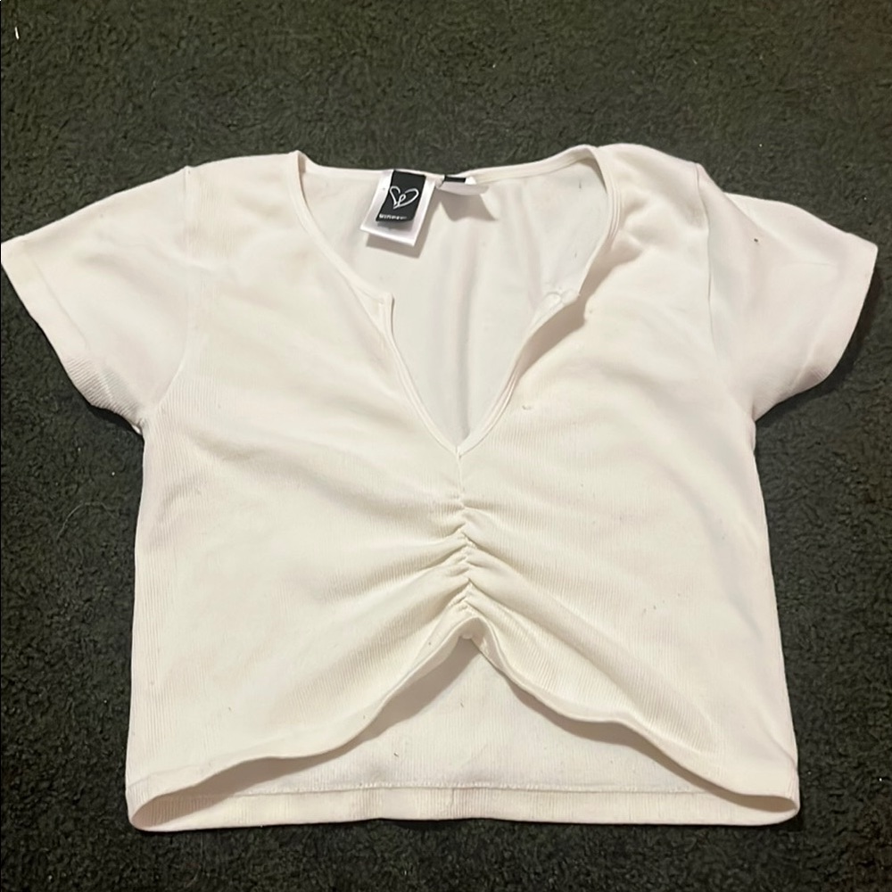 White Ruched V-Neck Women's Top